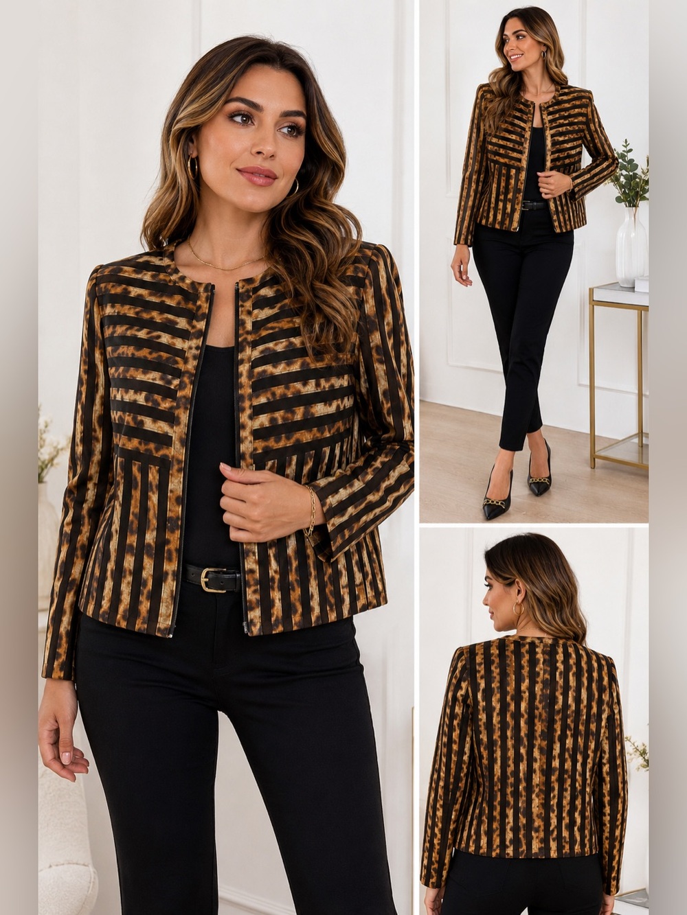 Chico's Brown & Black Striped Collarless Blazer
